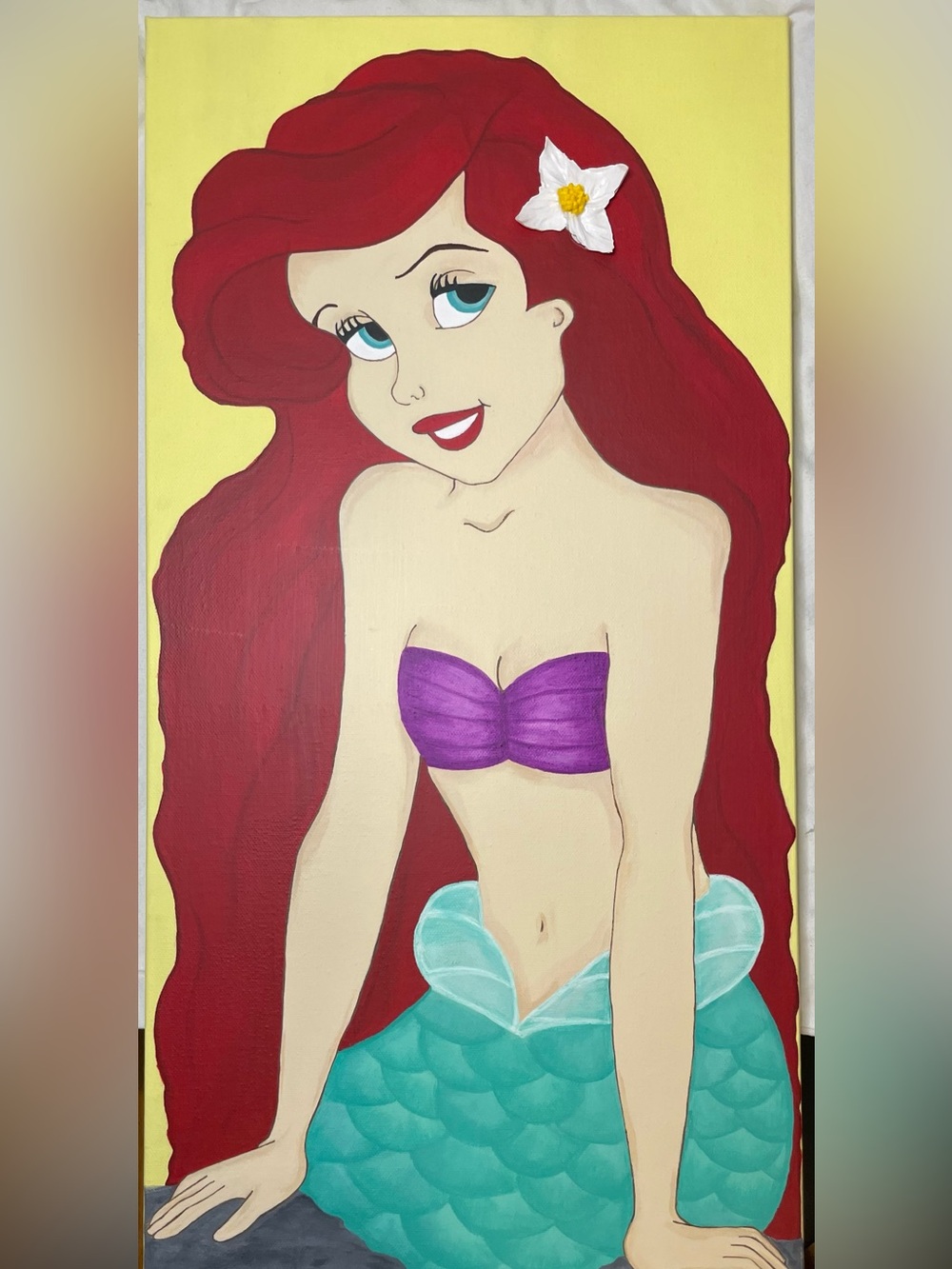 Hand-Painted Red-Haired Mermaid Canvas Art - Purple Top, Teal Tail
